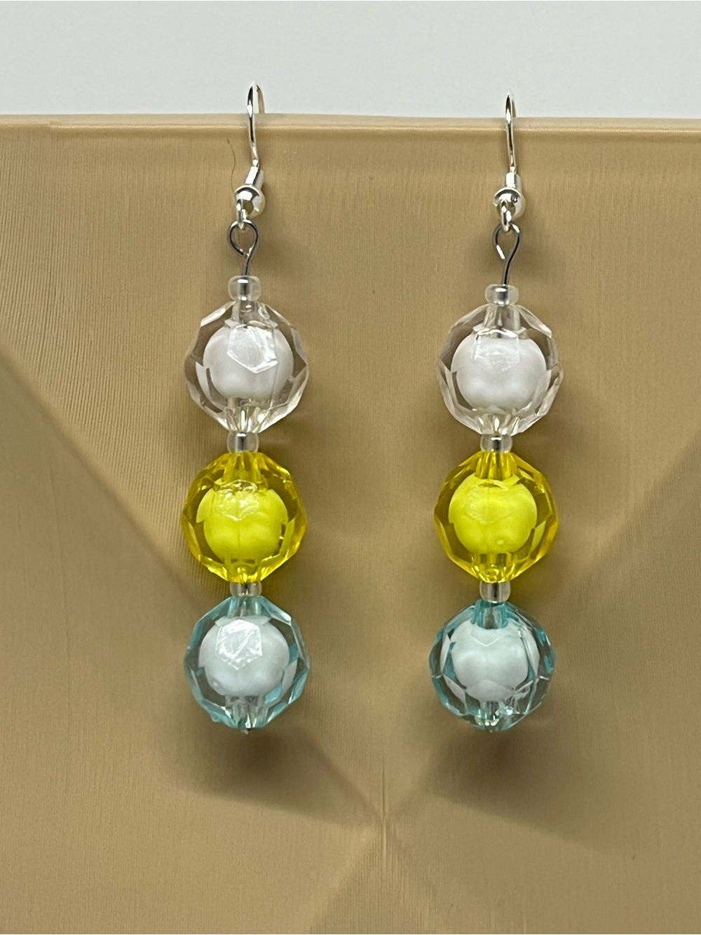 "Citrus Breeze" Hand Crafted Yellow, White & Blue Faceted Bead Drop Earrings